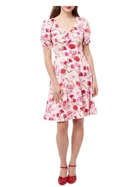 REVIEW Pink & Red Floral Puff-Sleeve Lily Dress V-Neck Size 10 Women’s